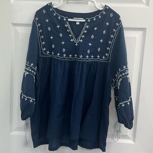 Time & Tru Navy with White Embroidered Boho Women's XL Blouse Shirt Top Tassels